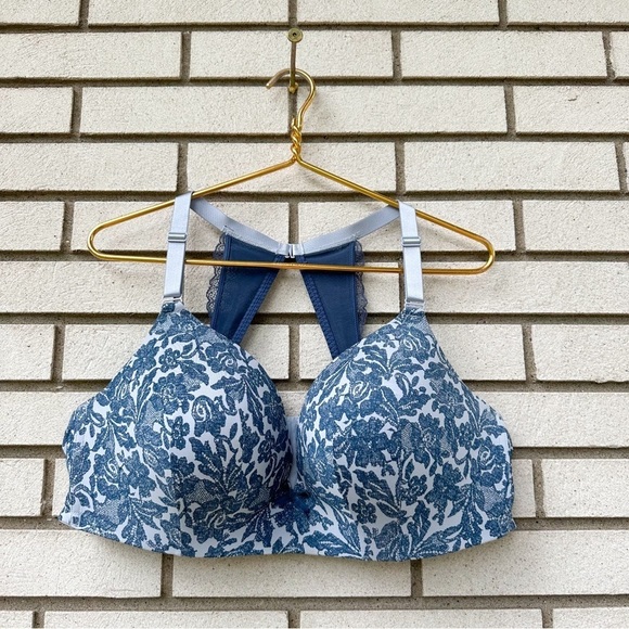 Cacique Simply Wire Free Plunge Bra Blue Lace Print Size 44D - Picture 1 of 12